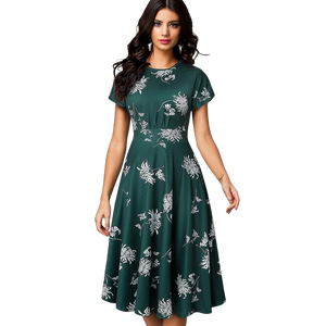 ELLA  Vintage Elegant Floral Print Pleated Round neck