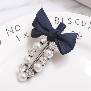 Fashion Handmade Ribbon Bowknot Rhinestone Pearl Hair Clip