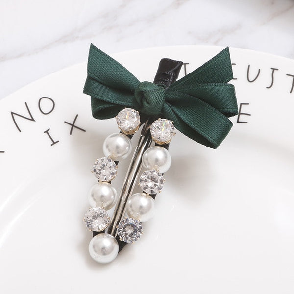 Fashion Handmade Ribbon Bowknot Rhinestone Pearl Hair Clip