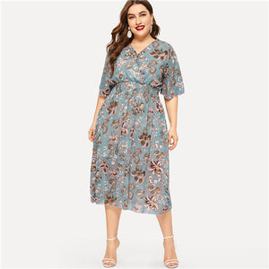 SAVANNAH Plus Size Elegant Floral Print Chiffon Dress