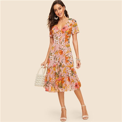 SCARLET V Neck Button Front Flounce Hem Floral Dress