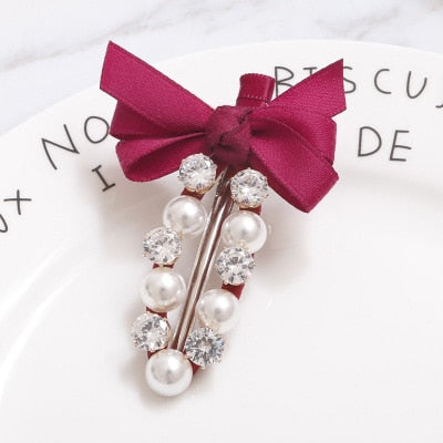 Fashion Handmade Ribbon Bowknot Rhinestone Pearl Hair Clip