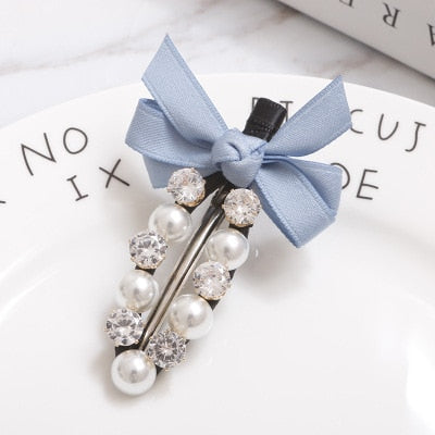 Fashion Handmade Ribbon Bowknot Rhinestone Pearl Hair Clip